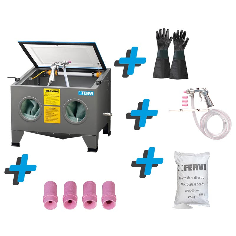 Fervi Sabbiatrice da banco + microsfere + guanti + pistola per sabbiare + 4 ugelli - KIT0123