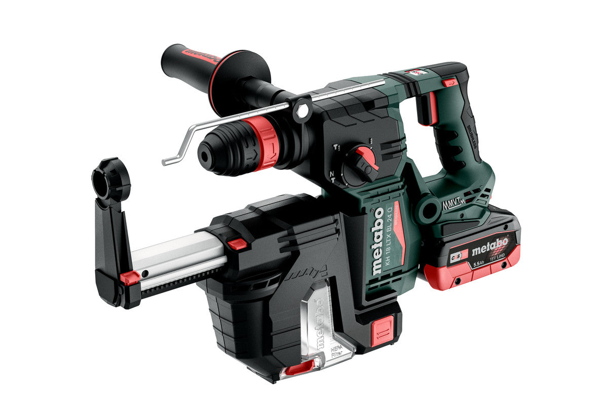 Metabo Martello a batteria KH 18 LTX BL 24 Q Set ISA 18V 2x5.5Ah LiHD Caricabatteria ASC 145 metaBOX 185 XL con aspirazione polvere integrata e mandrino a cambio rapido Metabo-Quick