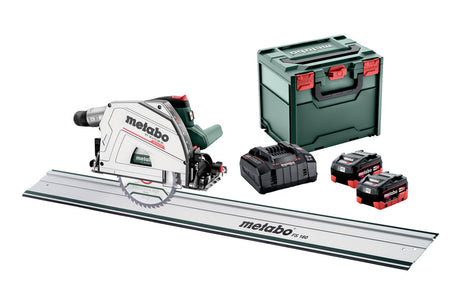 Metabo Sega circolare a immersione a batteria KT 18 LTX 66 BL Set 18V 2x8Ah LiHD Caricabatteria ASC 145 metaBOX 340 con binario di guida FS 160