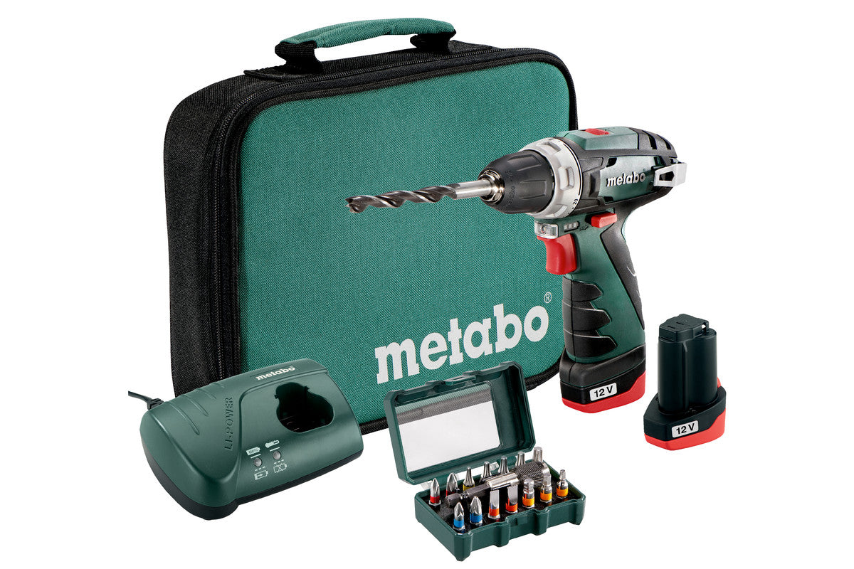 Metabo Trapano-avvitatore a batteria PowerMaxx BS Set 12V 2x2Ah Li-Power Caricabatteria  Borsa porta attrezzi con box inserti SP (15 pezzi)