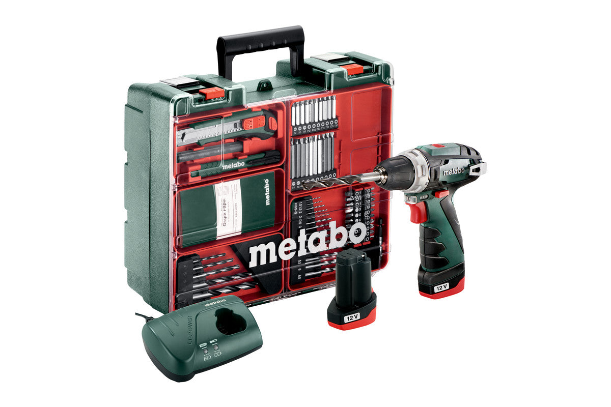 Metabo Trapano-avvitatore a batteria PowerMaxx BS Set 12V 2x2Ah Li-Power Caricabatteria LC 40 Valigetta in plastica Officina mobile