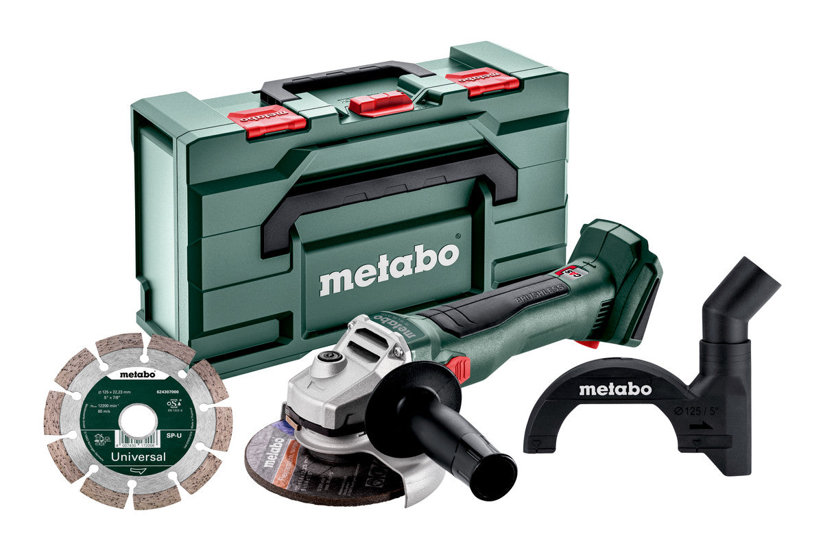 Metabo Smerigliatrice angolare a batteria Set W 18 L BL 9-125 18V metaBOX 165 L con disco diamantato per troncare + carter per troncare e di aspirazione a clip CED 125