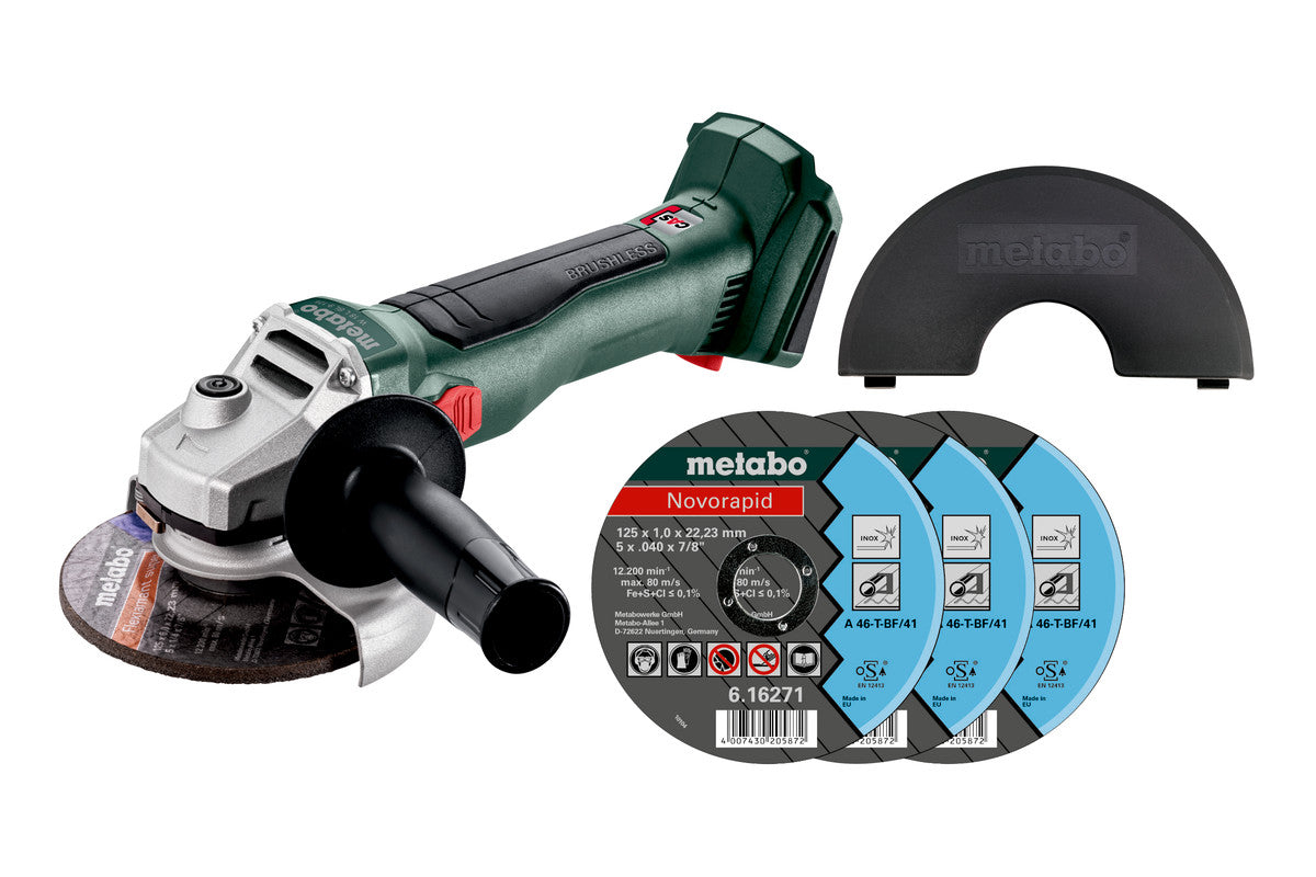 Metabo Smerigliatrice angolare a batteria W 18 L BL 9-125 Set 18V Scatola di cartone con 3 x Novorapid + carter di protezione per troncare