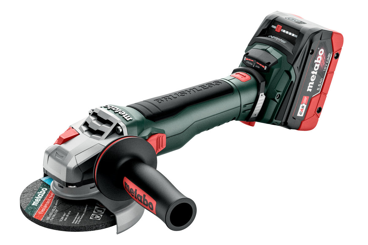 Metabo Smerigliatrice angolare a batteria WB 18 LT BL 11-125 Quick 18V 2x5.5Ah LiHD Caricabatteria ASC 145 metaBOX 165 L con freno ghiera autoserrante