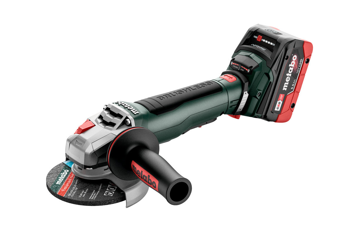 Metabo Smerigliatrice angolare a batteria WPB 18 LT BL 11-125 Quick 18V 2x5.5Ah LiHD Caricabatteria ASC 145 metaBOX 165 L con freno ghiera autoserrante