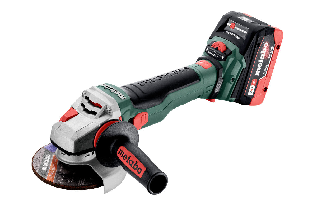 Metabo Smerigliatrice angolare a batteria WVB 18 LTX BL 15-125 Quick 18V 2x5.5Ah LiHD Caricabatteria ASC 145 metaBOX 165 L con freno regolazione del numero di giri ghiera autoserrante